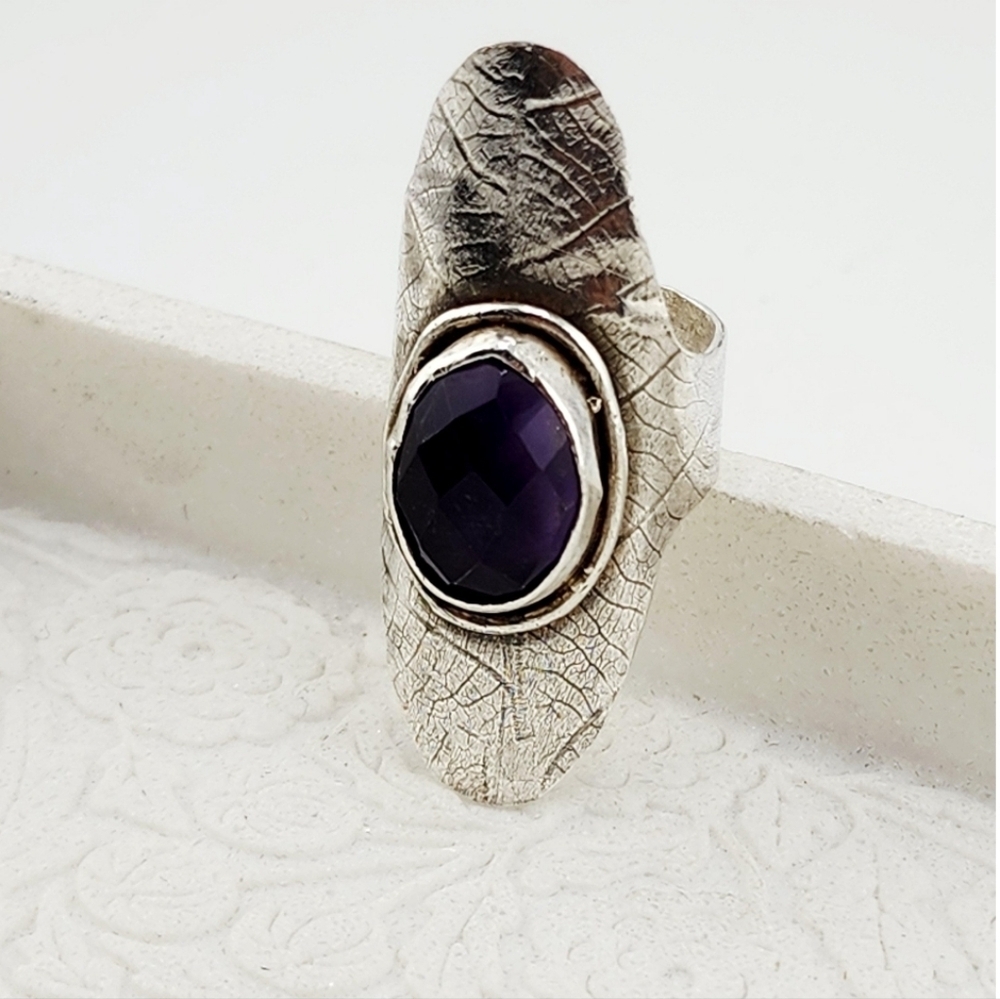 AMETHYST SADDLE LEAF EMBOSSED RING HANDMADE IN STERLING SILVER SZ 8